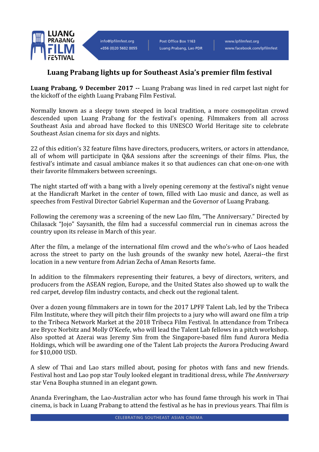 Luang Prabang Lights up for Southeast Asia's Premier Film Festival