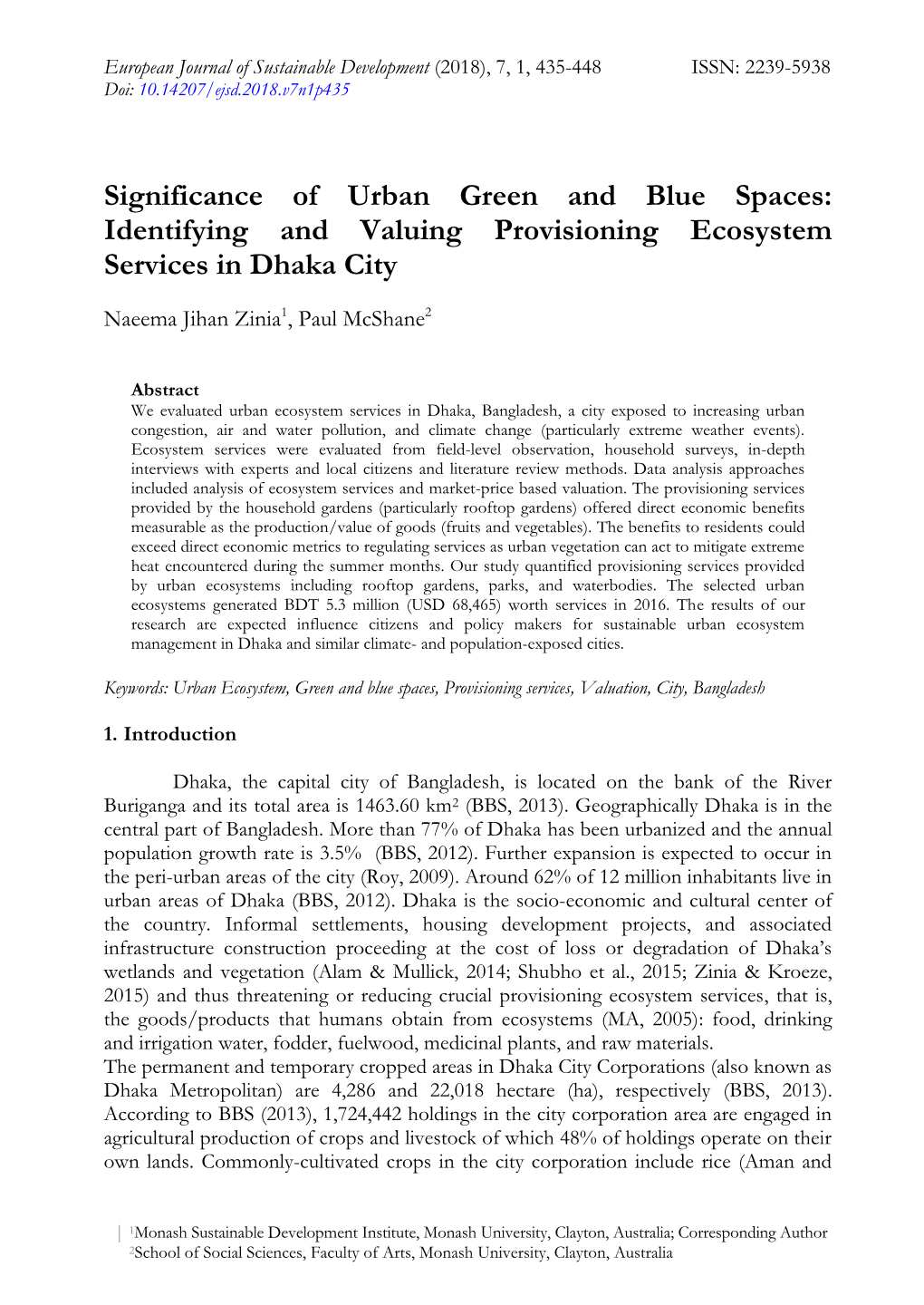 Identifying and Valuing Provisioning Ecosystem Services in Dhaka City