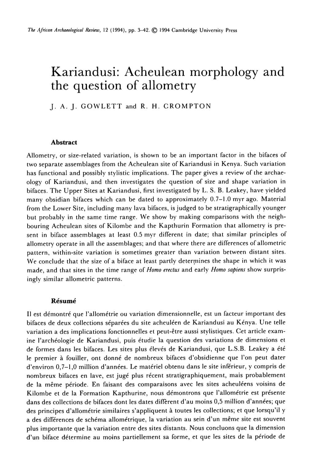 Kariandusi: Acheulean Morphology and the Question of Allometry 11