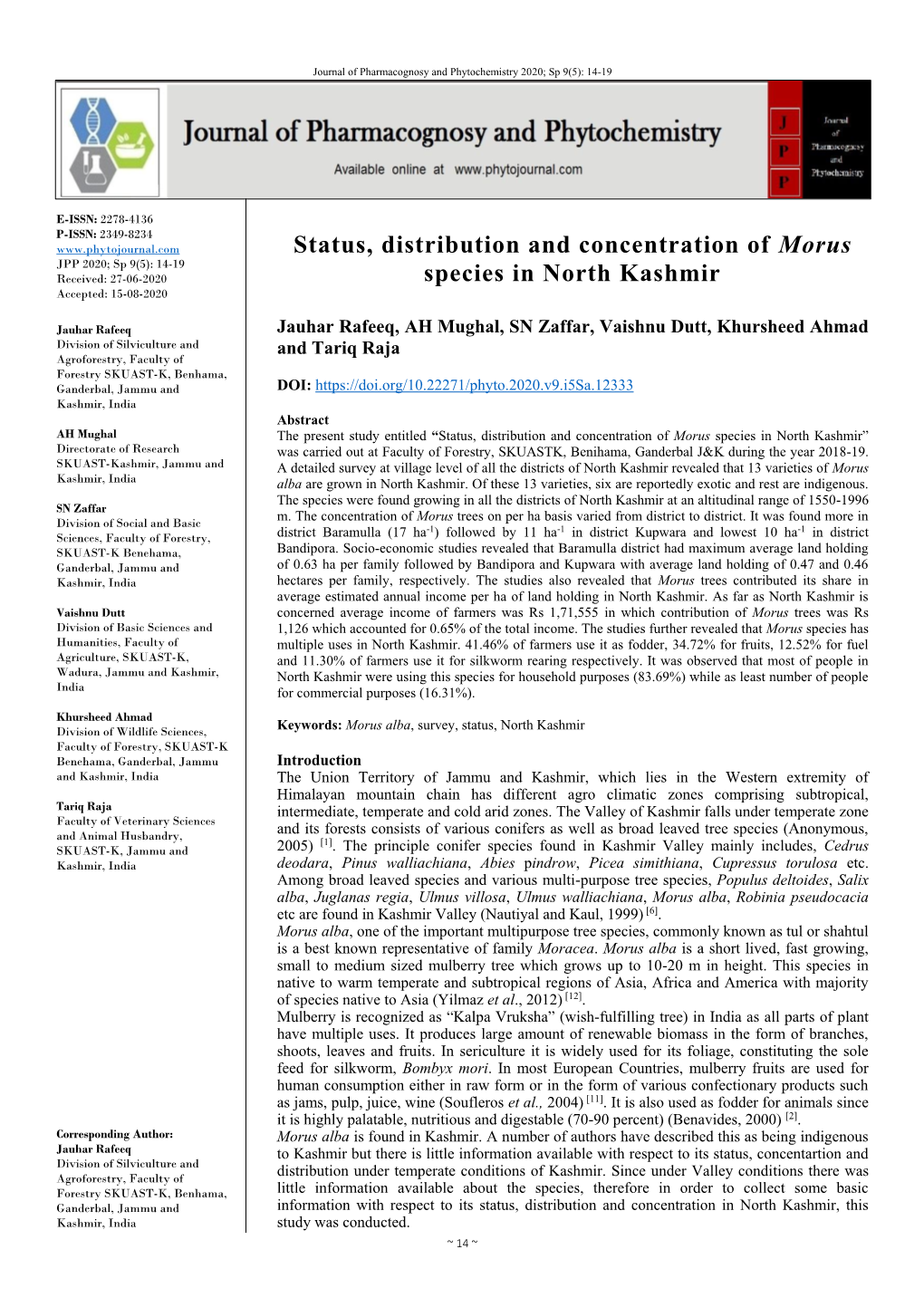 Status, Distribution and Concentration of Morus Species in North Kashmir