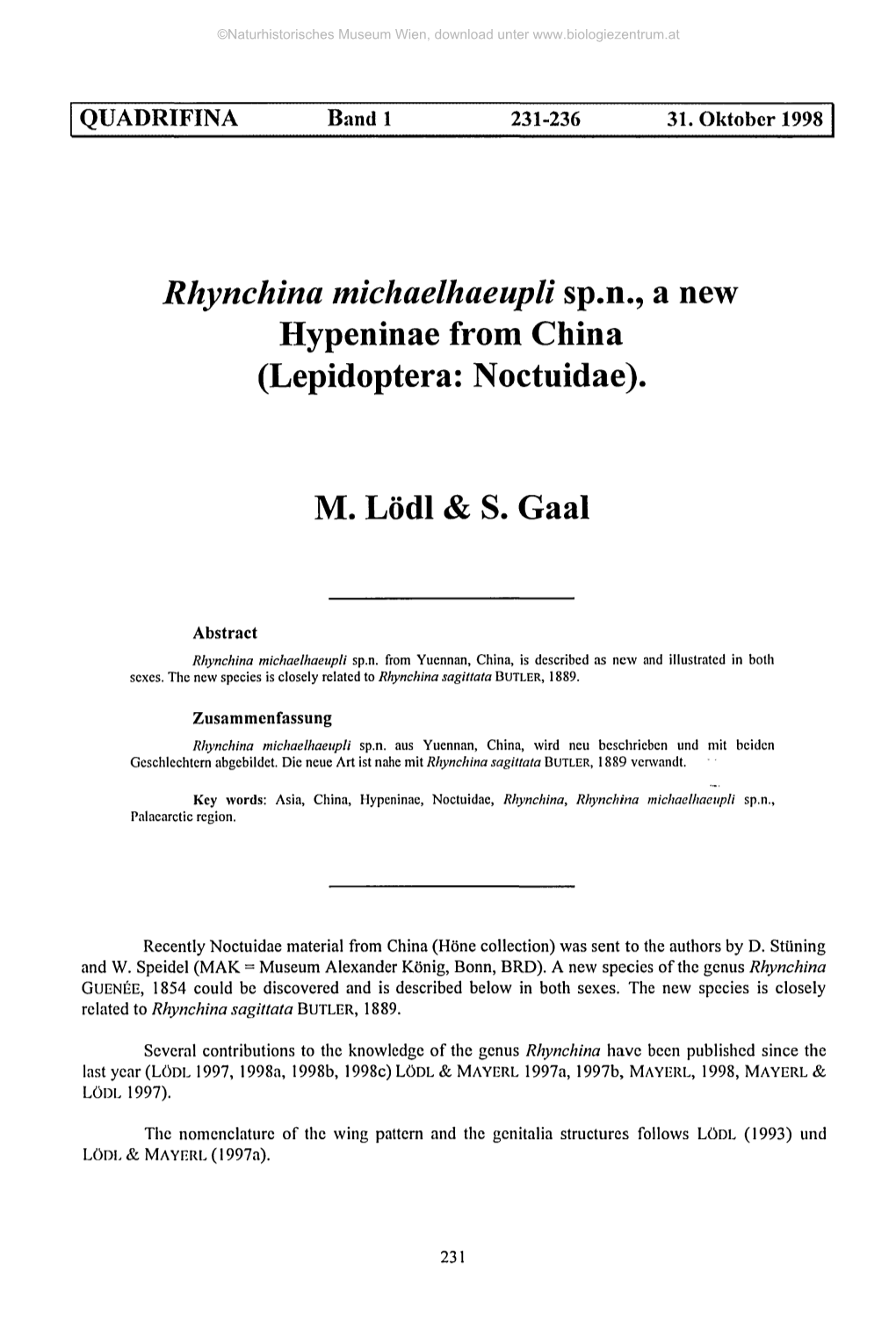 Rhynchina Michaelhaeupli Sp.N., a New Hypeninae from China (Lepidoptera: Noctuidae)