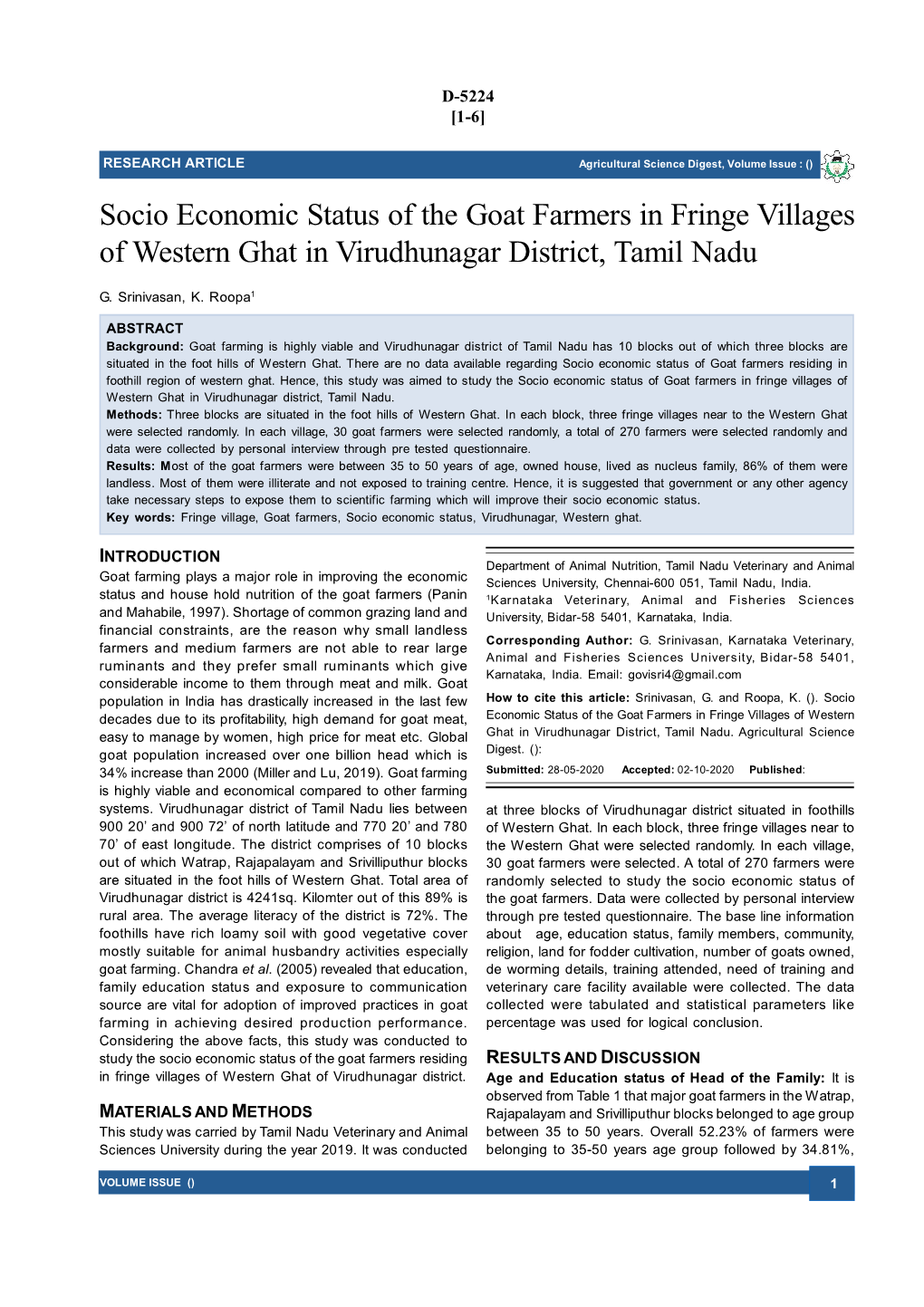 Socio Economic Status of the Goat Farmers in Fringe Villages of Western Ghat in Virudhunagar District, Tamil Nadu
