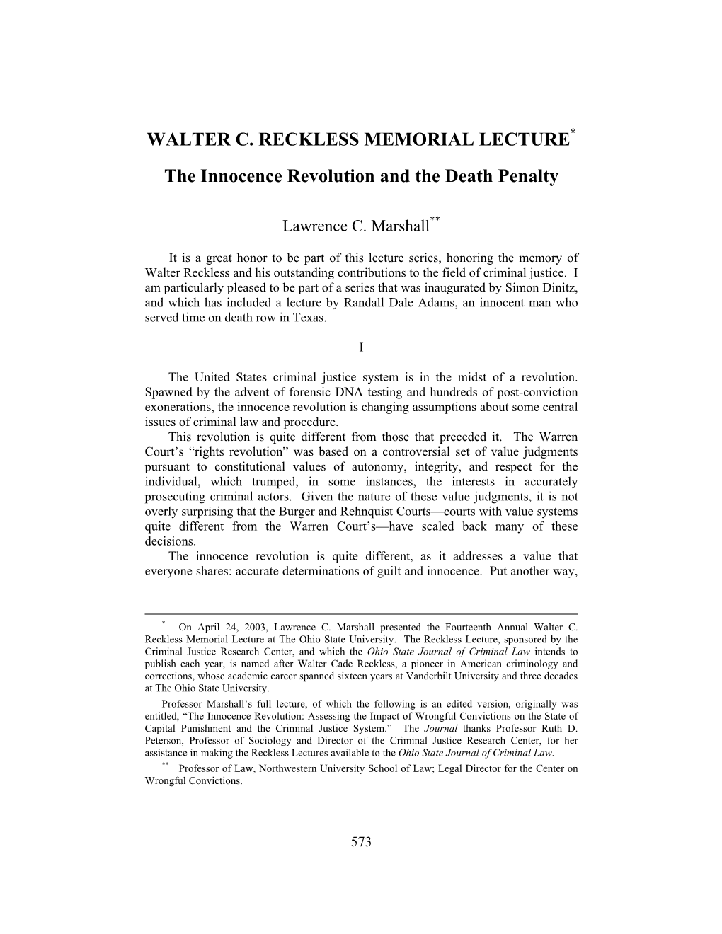 WALTER C. RECKLESS MEMORIAL LECTURE* the Innocence