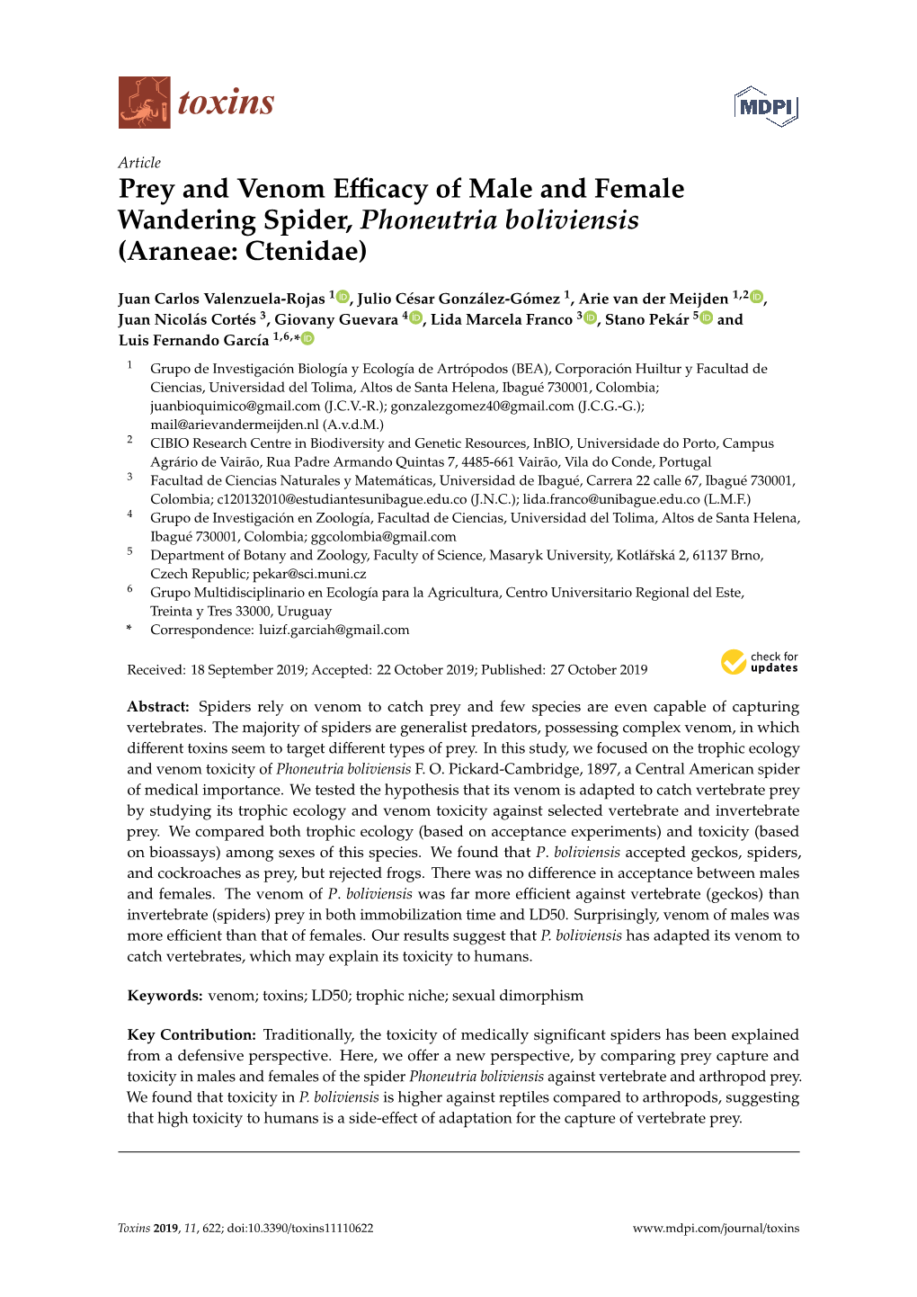 Prey and Venom Efficacy of Male and Female Wandering Spider