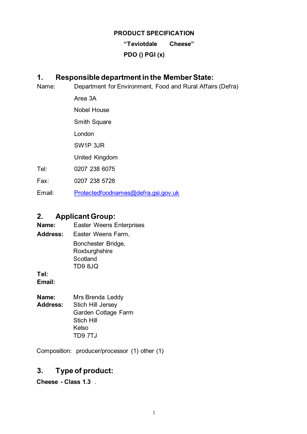 Teviotdale Cheese Product Specification