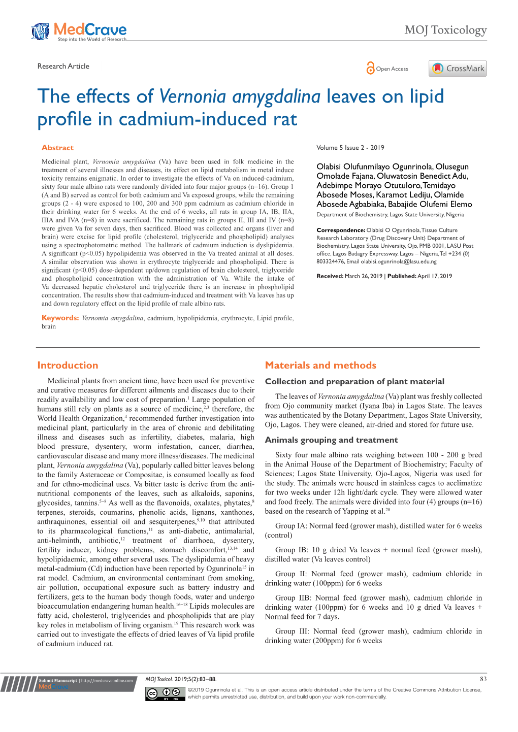 Vernonia Amygdalina Leaves on Lipid Profile in Cadmium-Induced Rat
