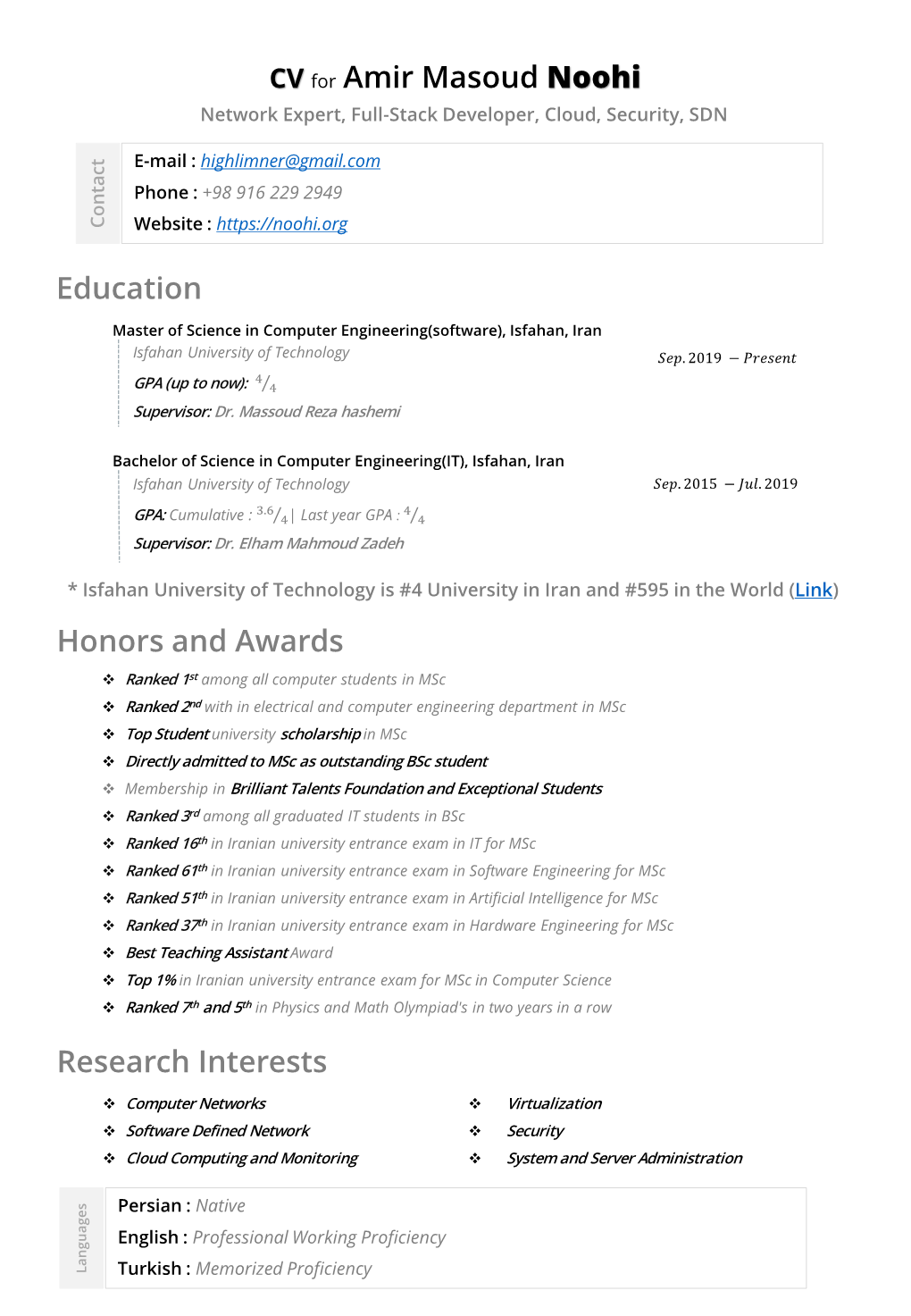 CV for Amir Masoud Noohi Network Expert, Full-Stack Developer, Cloud, Security, SDN