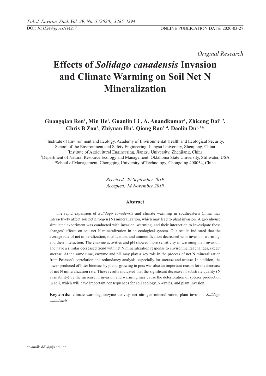 Effects of Solidago Canadensis Invasion and Climate Warming on Soil Net N Mineralization