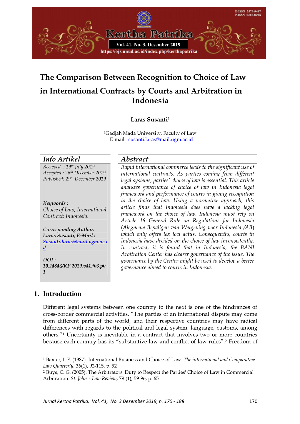 The Comparison Between Recognition to Choice of Law in International Contracts by Courts and Arbitration in Indonesia