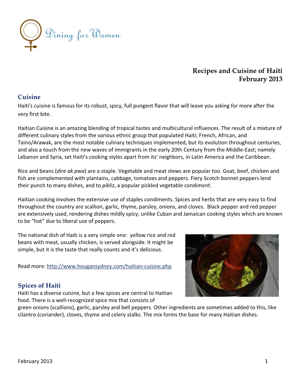 Recipes and Cuisine of Haiti February 2013