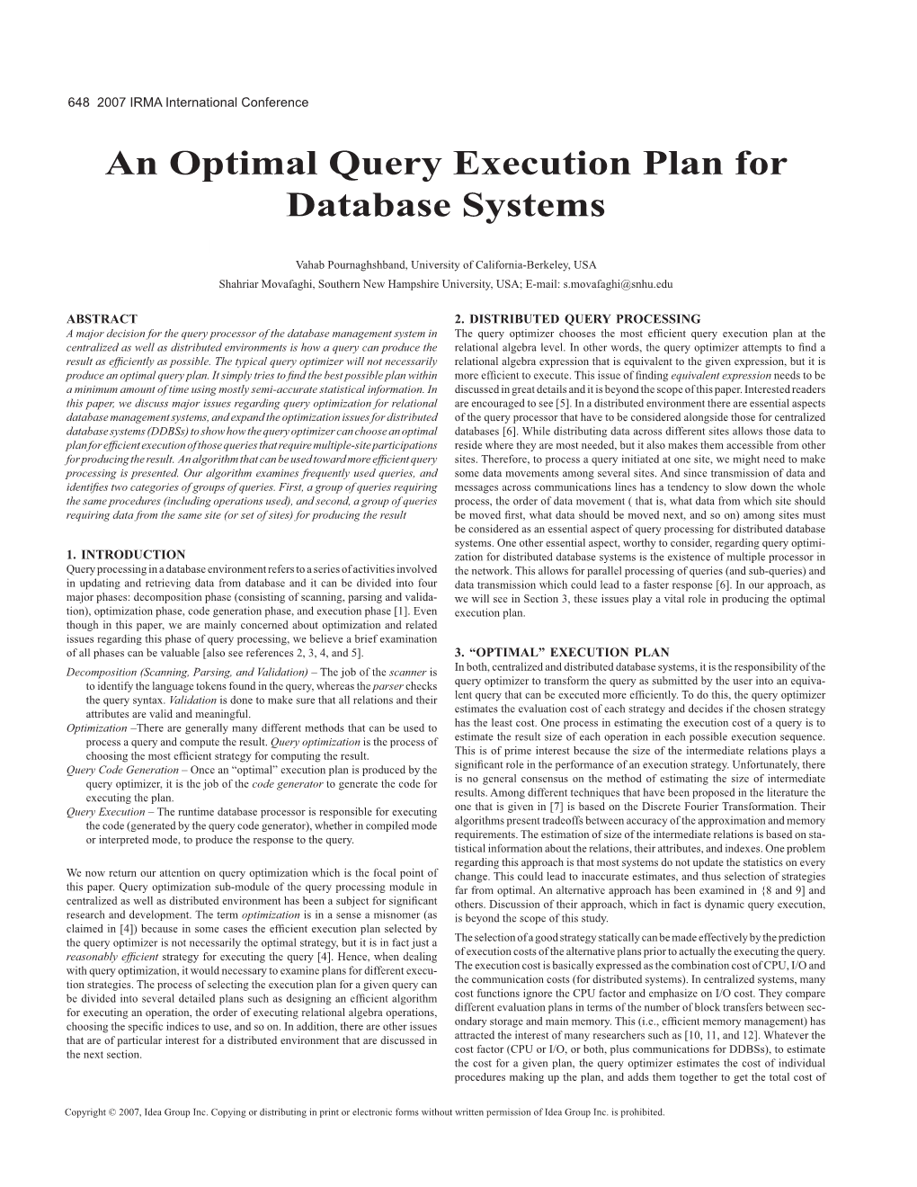 An Optimal Query Execution Plan for Database Systems
