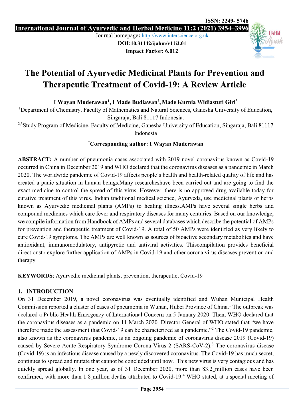 The Potential of Ayurvedic Medicinal Plants for Prevention and Therapeutic Treatment of Covid-19: a Review Article
