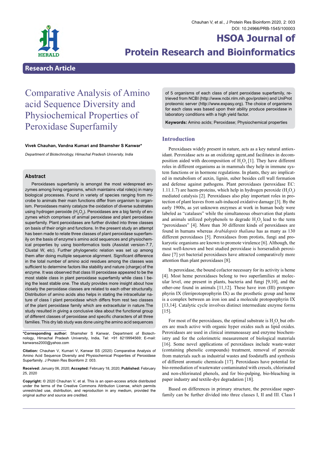 Comparative Analysis of Amino Acid Sequence Diversity and Physiochemical Properties of Peroxidase Su- Perfamily