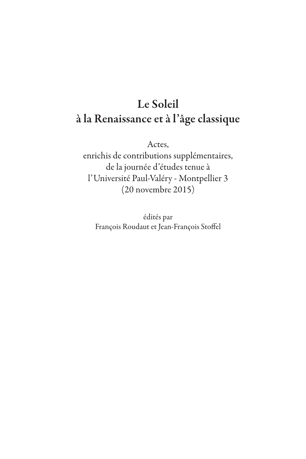 Le Soleil À La Renaissance Et À L'âge Classique