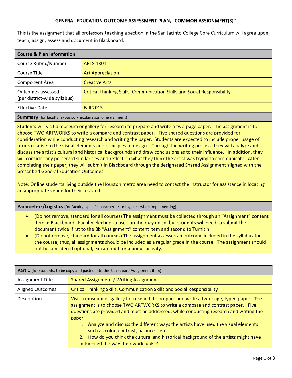 General Education Outcome Assessment Plan, Common Assignment(S)