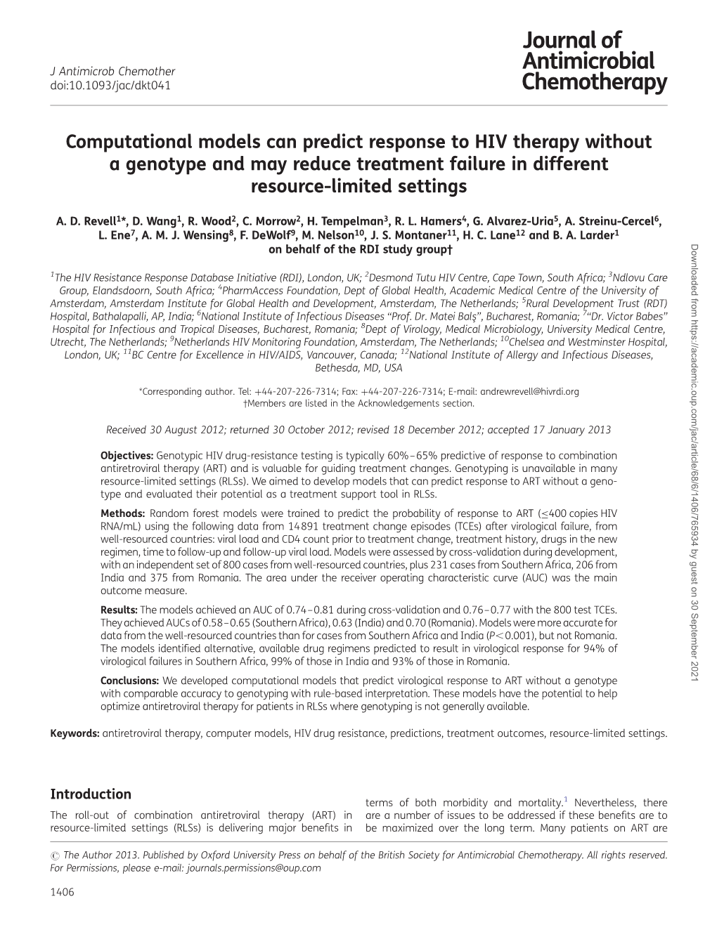 Computational Models Can Predict Response to HIV Therapy Without a Genotype and May Reduce Treatment Failure in Different Resource-Limited Settings