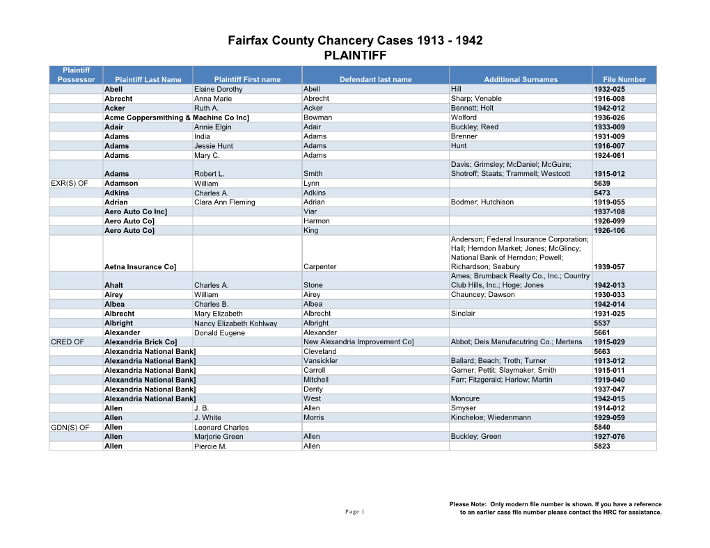 Fairfax County Chancery Cases 1913-1942 Plaintiff