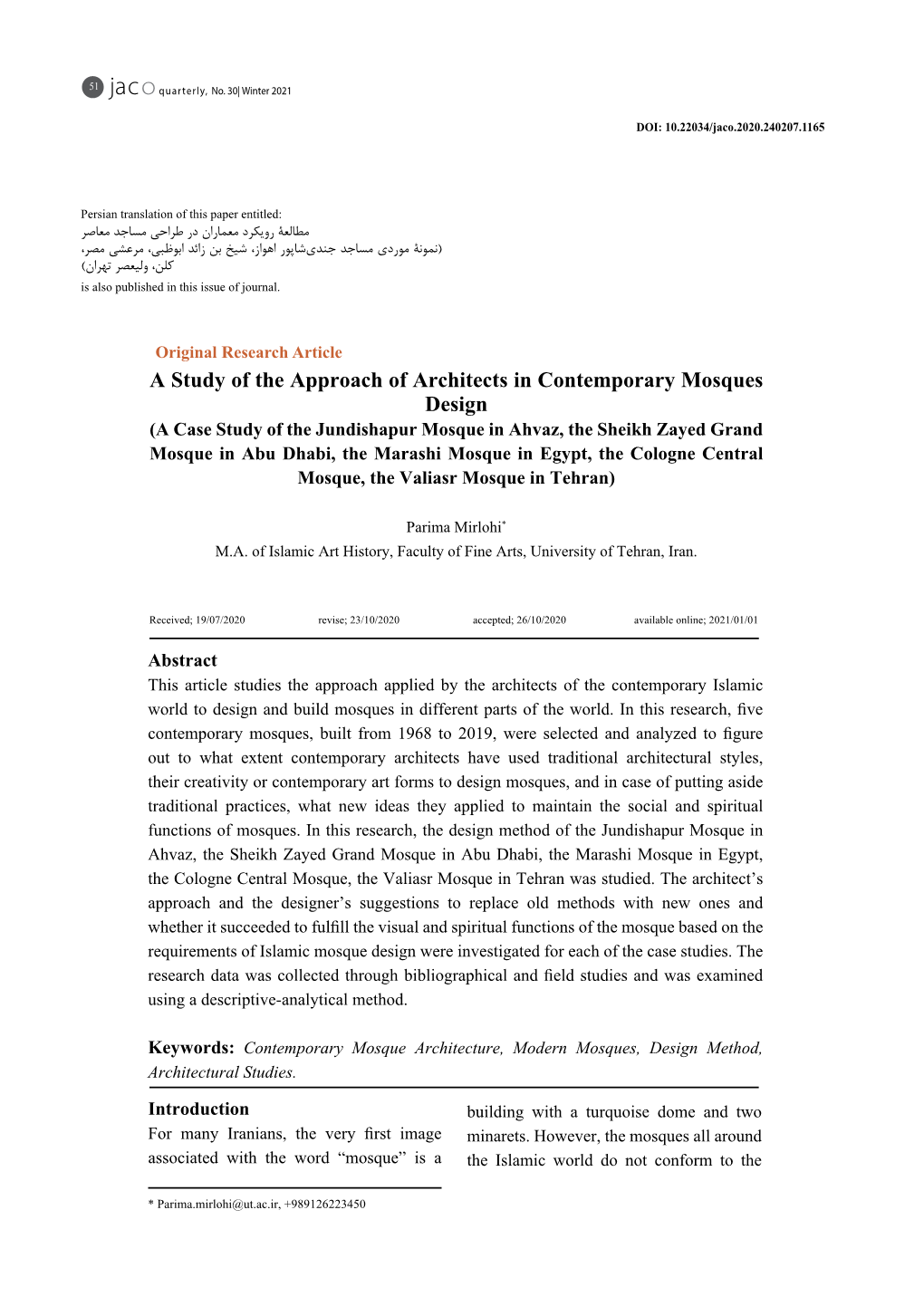 A Study of the Approach of Architects in Contemporary Mosques Design