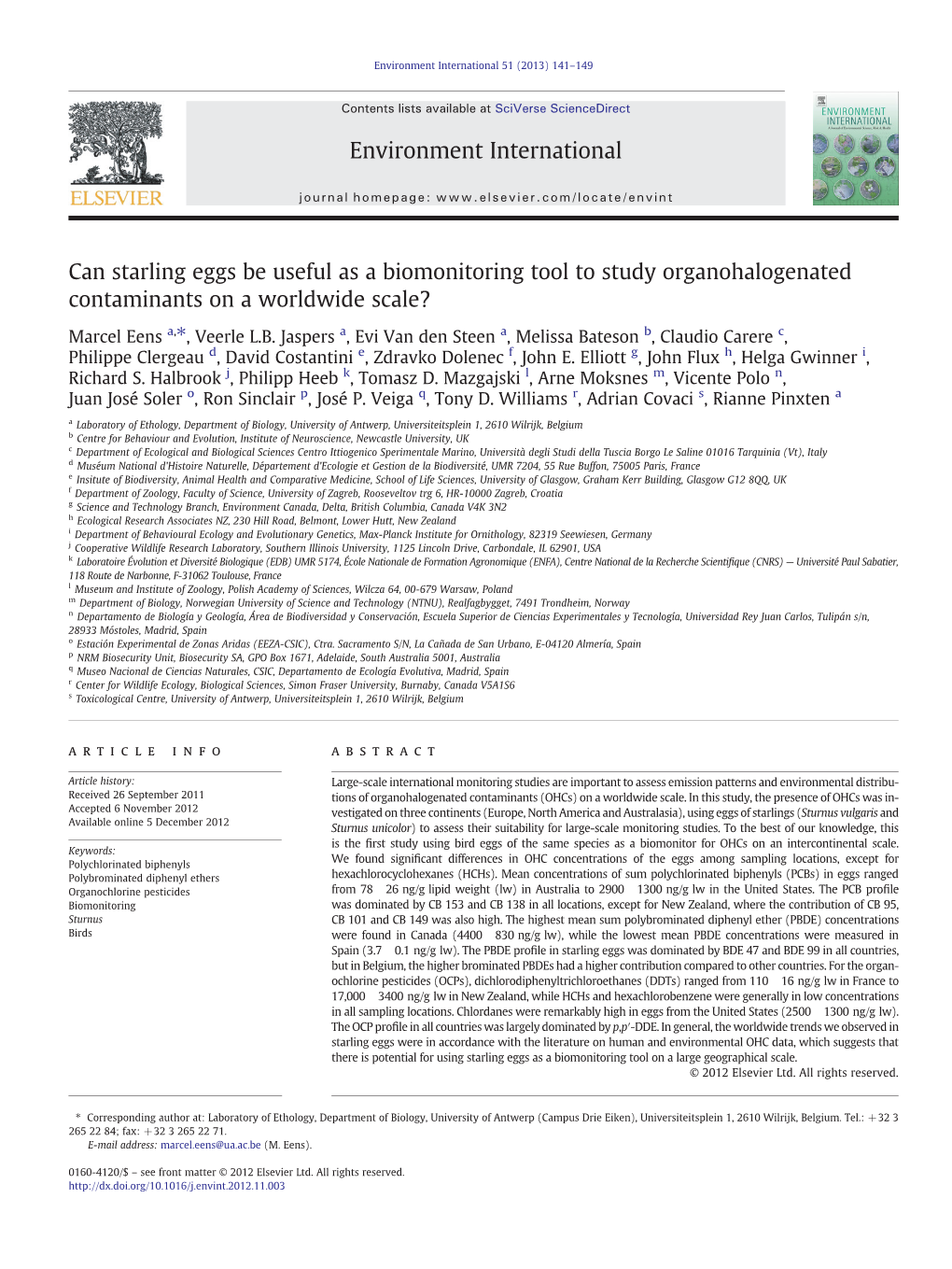 Can Starling Eggs Be Useful As a Biomonitoring Tool to Study Organohalogenated Contaminants on a Worldwide Scale?