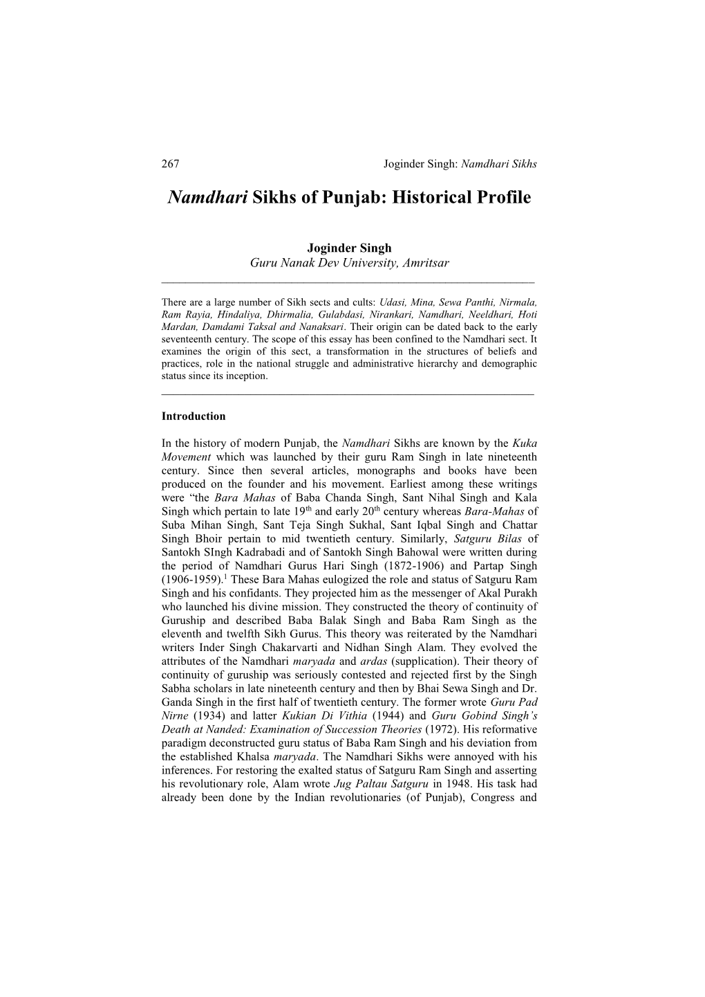 Namdhari Sikhs of Punjab: Historical Profile