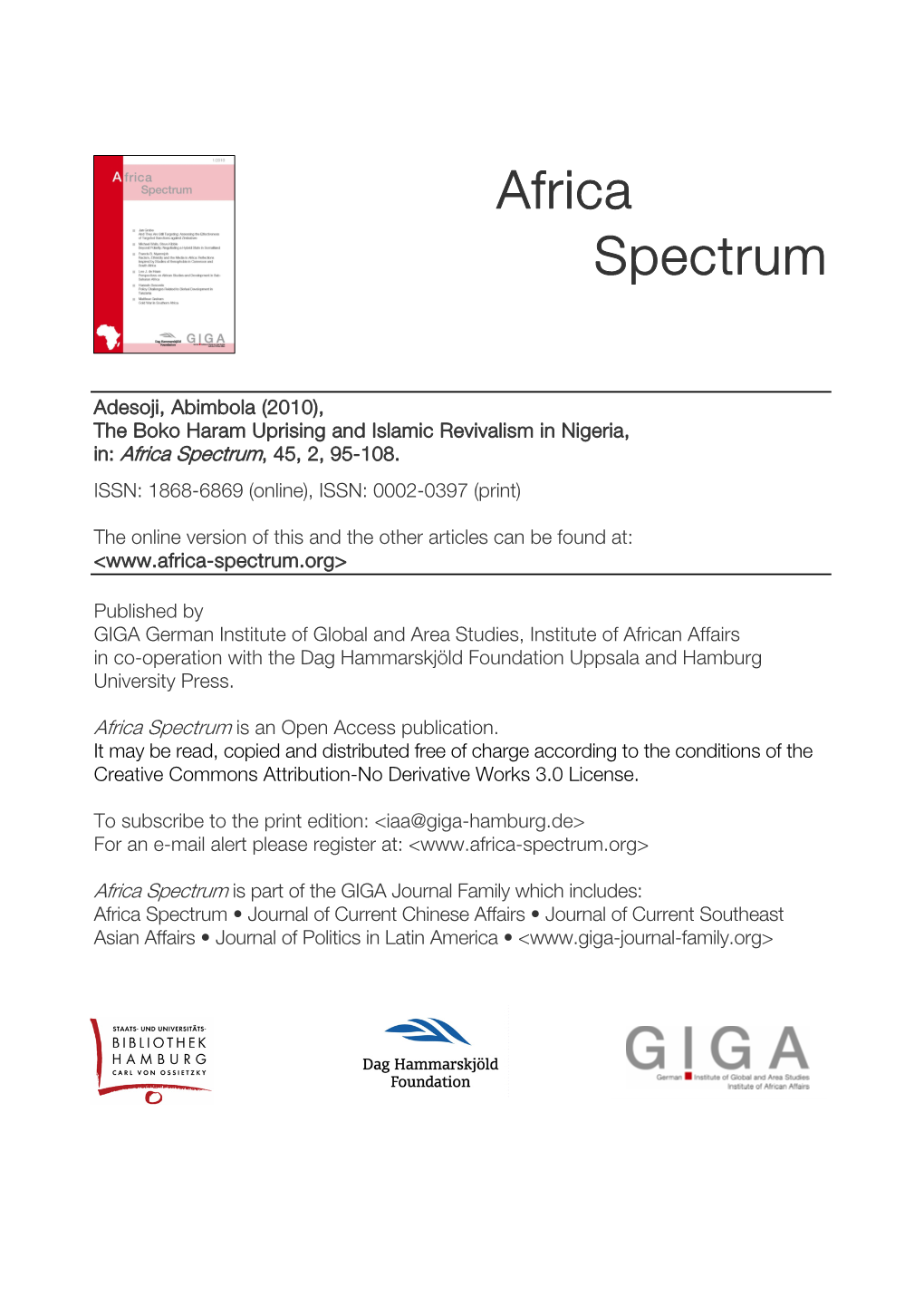 The Boko Haram Uprising and Islamic Revivalism in Nigeria, In: Africa Spectrum, 45, 2, 95-108