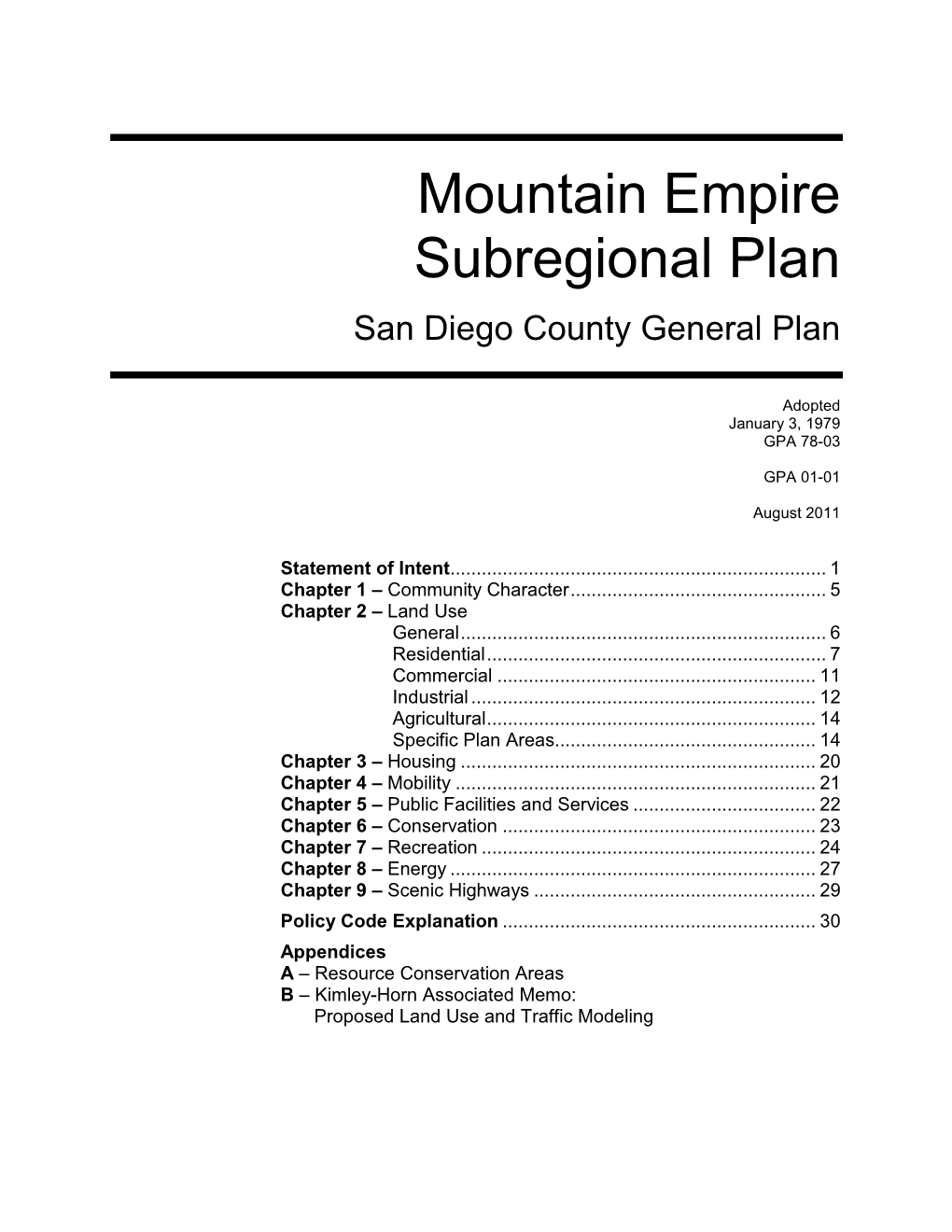 Mountain Empire Subregional Plan San Diego County General Plan