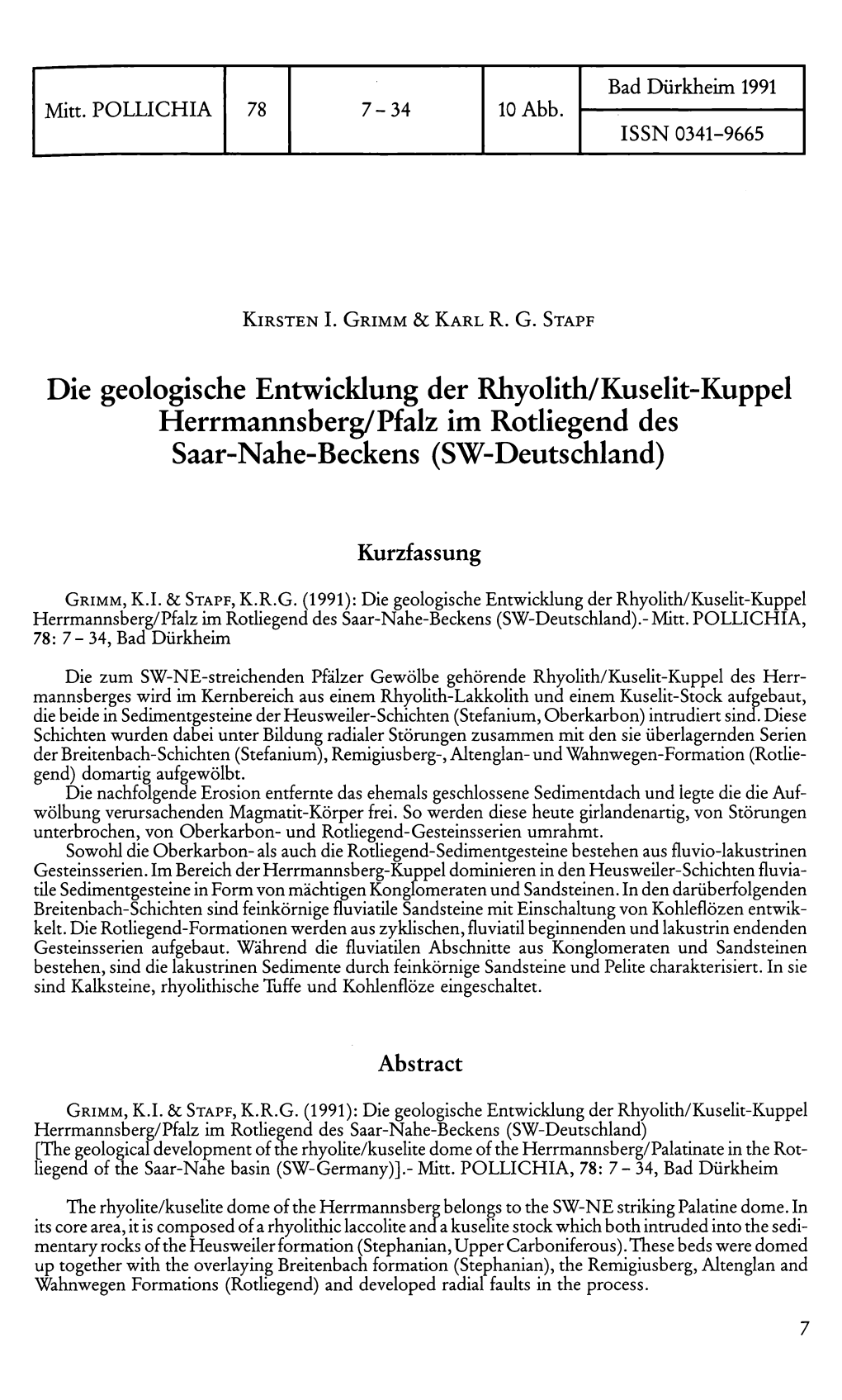 Die Geologische Entwicklung Der Rhyolith/Kuselit-Kuppel Herrmannsberg/Pfalz Im Rotliegend Des Saar-Nahe-Beckens (SW-Deutschland)