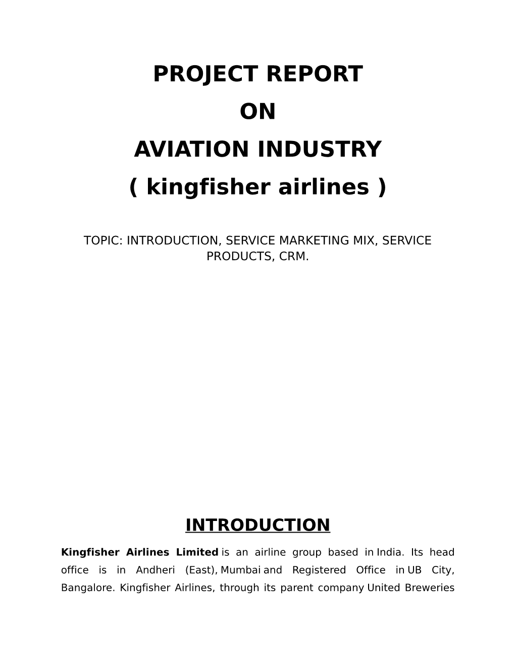 PROJECT REPORT on AVIATION INDUSTRY ( Kingfisher Airlines )