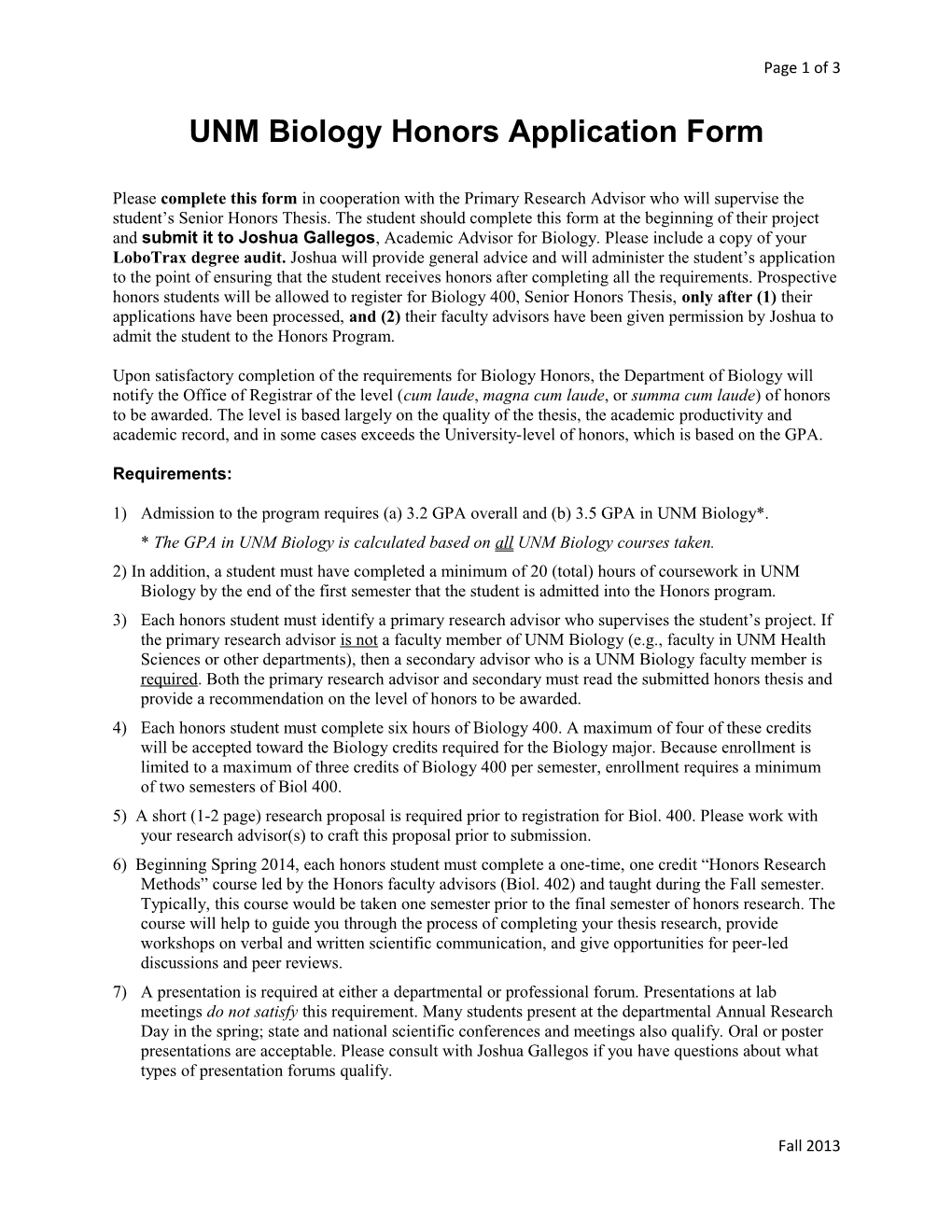 UNM Biology Honors Application Form