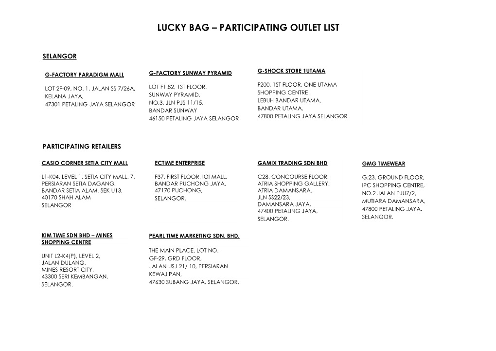 Lucky Bag – Participating Outlet List