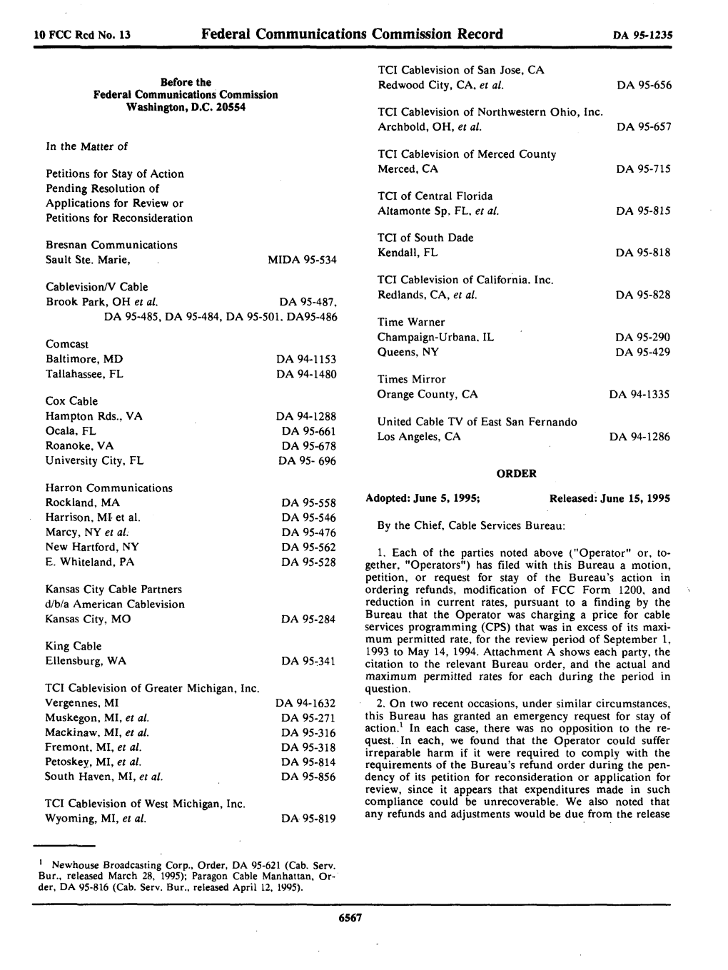 Federal Communications Commission Record DA 95-1235