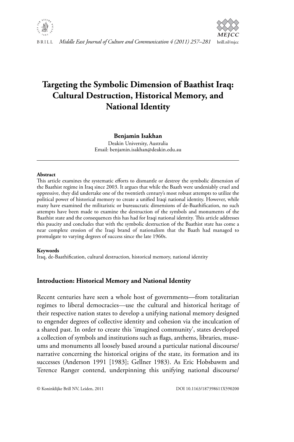 Targeting the Symbolic Dimension of Baathist Iraq: Cultural Destruction, Historical Memory, and National Identity