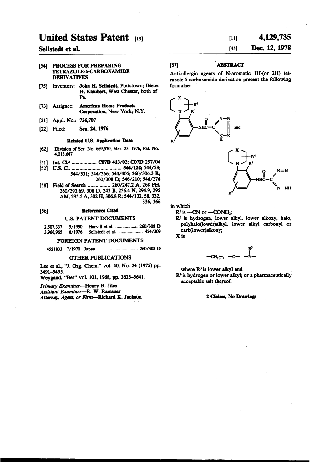 United States Patent (19) (11) 4,129,735 Sellstedt Et Al