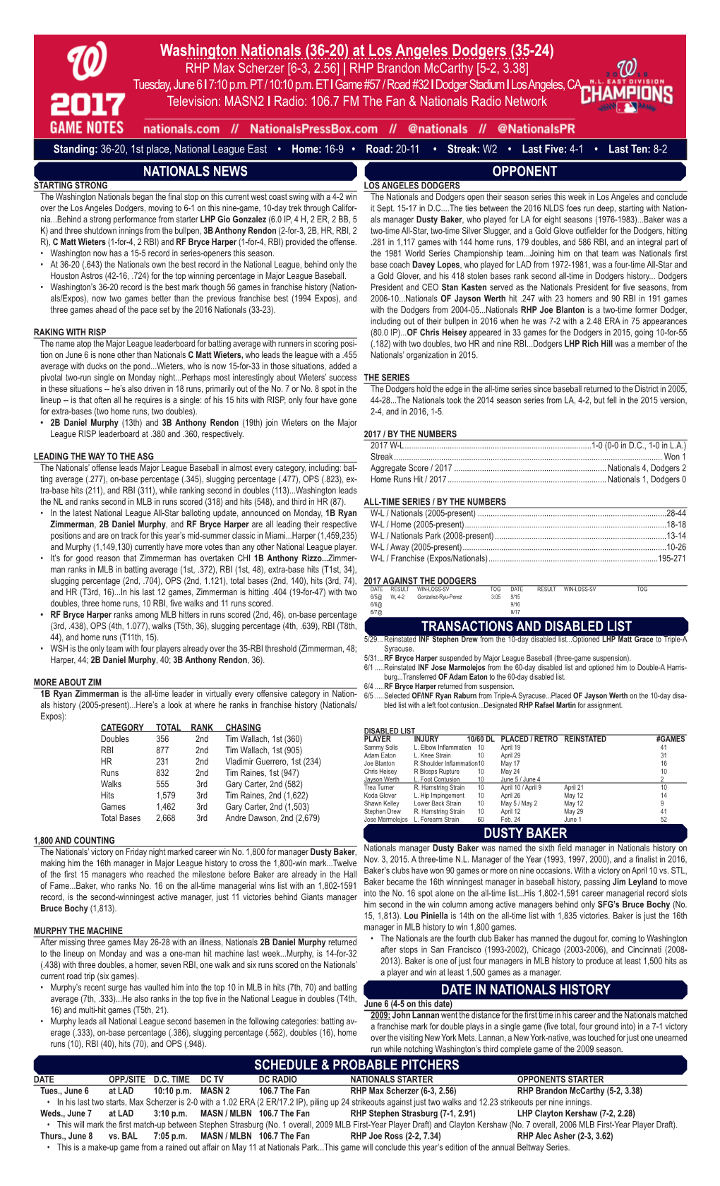 Washington Nationals (36-20) at Los Angeles Dodgers (35-24) RHP Max Scherzer [6-3, 2.56] | RHP Brandon Mccarthy [5-2, 3.38] Tuesday, June 6 L 7:10 P.M