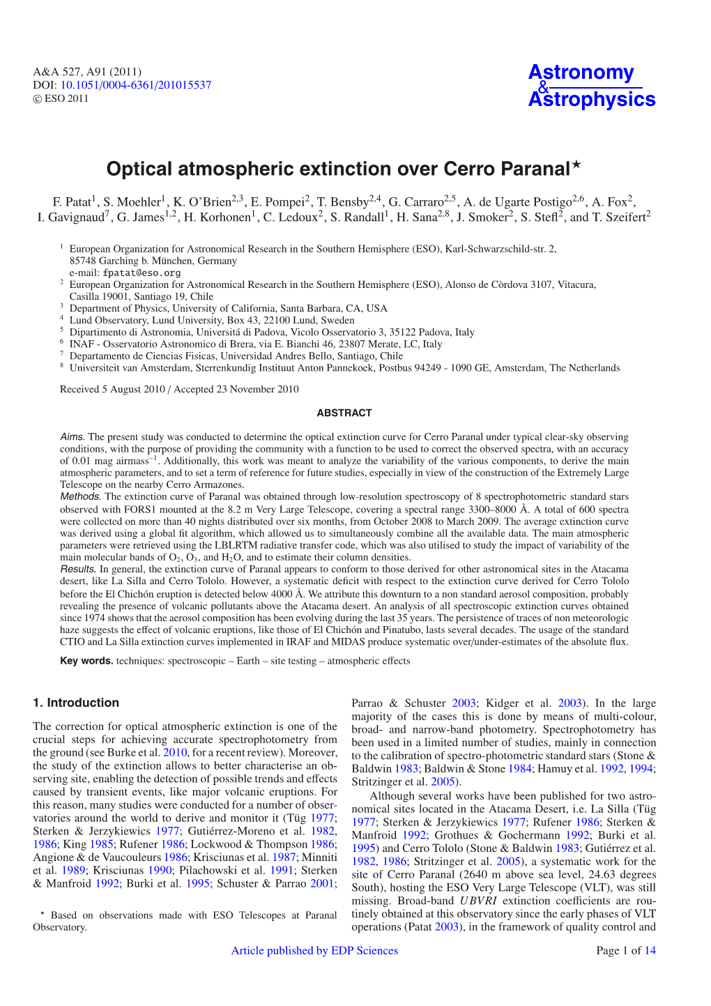 Optical Atmospheric Extinction Over Cerro Paranal⋆