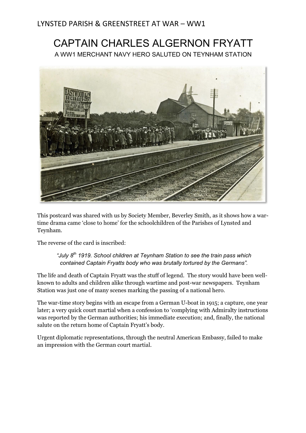 Captain Charles Algernon Fryatt a Ww1 Merchant Navy Hero Saluted on Teynham Station