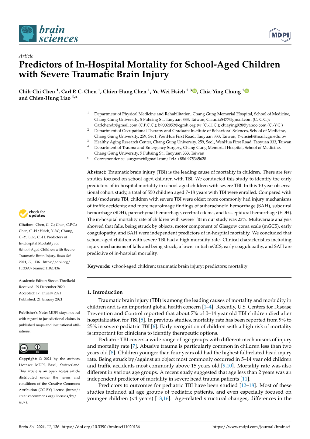 Predictors of In-Hospital Mortality for School-Aged Children with Severe Traumatic Brain Injury