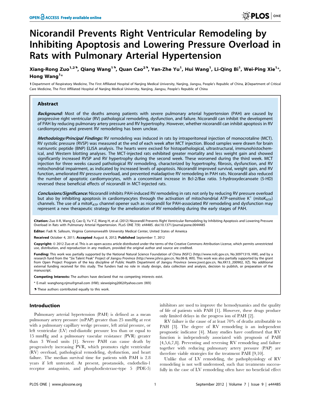 Nicorandil Prevents Right Ventricular Remodeling by Inhibiting Apoptosis and Lowering Pressure Overload in Rats with Pulmonary Arterial Hypertension