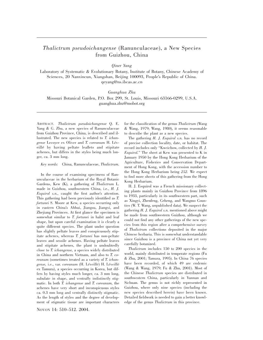 Thalictrum Pseudoichangense (Ranunculaceae), a New Species from Guizhou, China