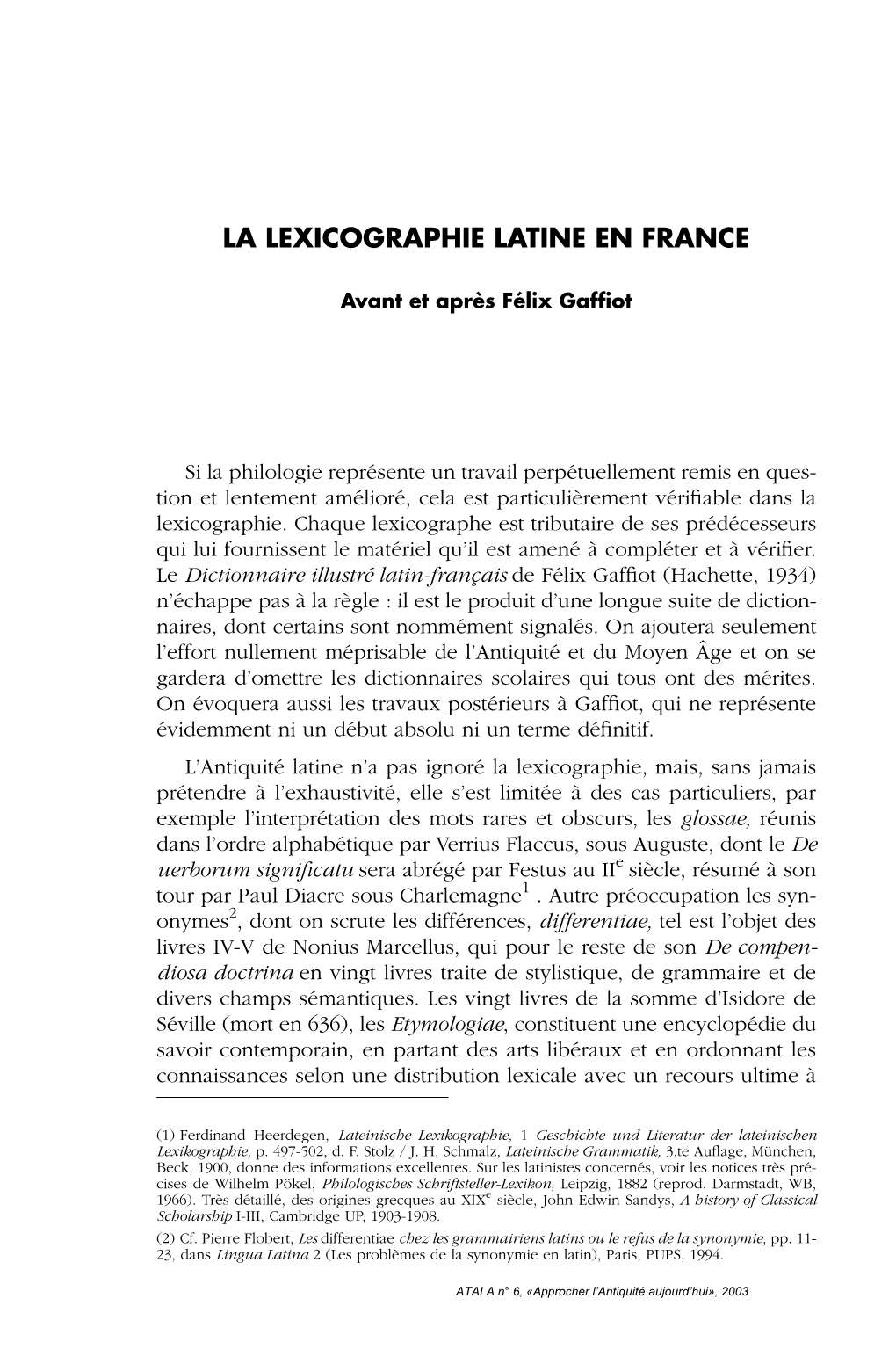La Lexicographie Latine En France. Avant Et Après Félix Gaffiot