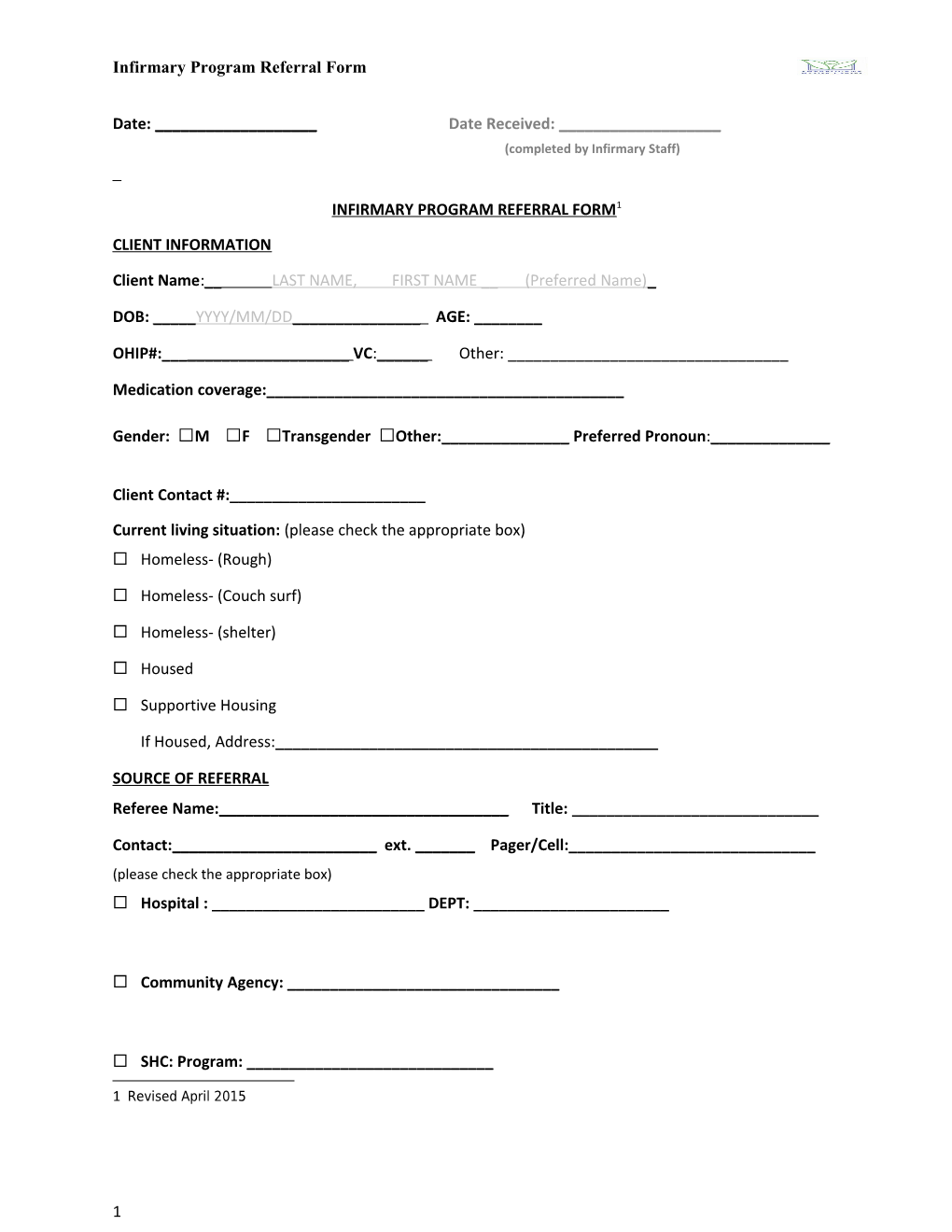 Infirmary Program Referral Form