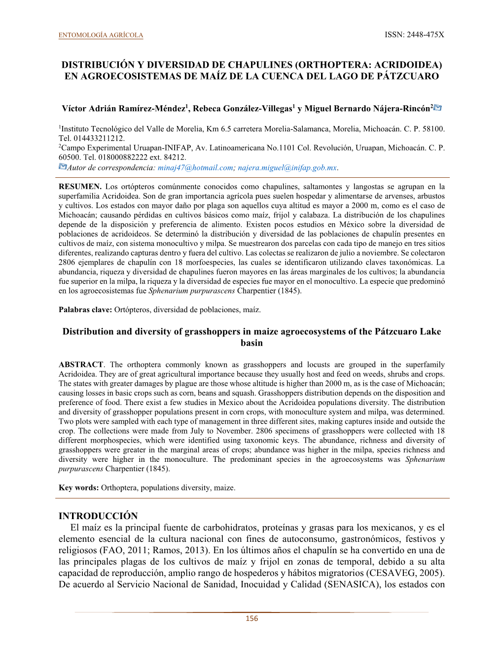 Distribución Y Diversidad De Chapulines (Orthoptera: Acridoidea) En Agroecosistemas De Maíz De La Cuenca Del Lago De Pátzcuaro