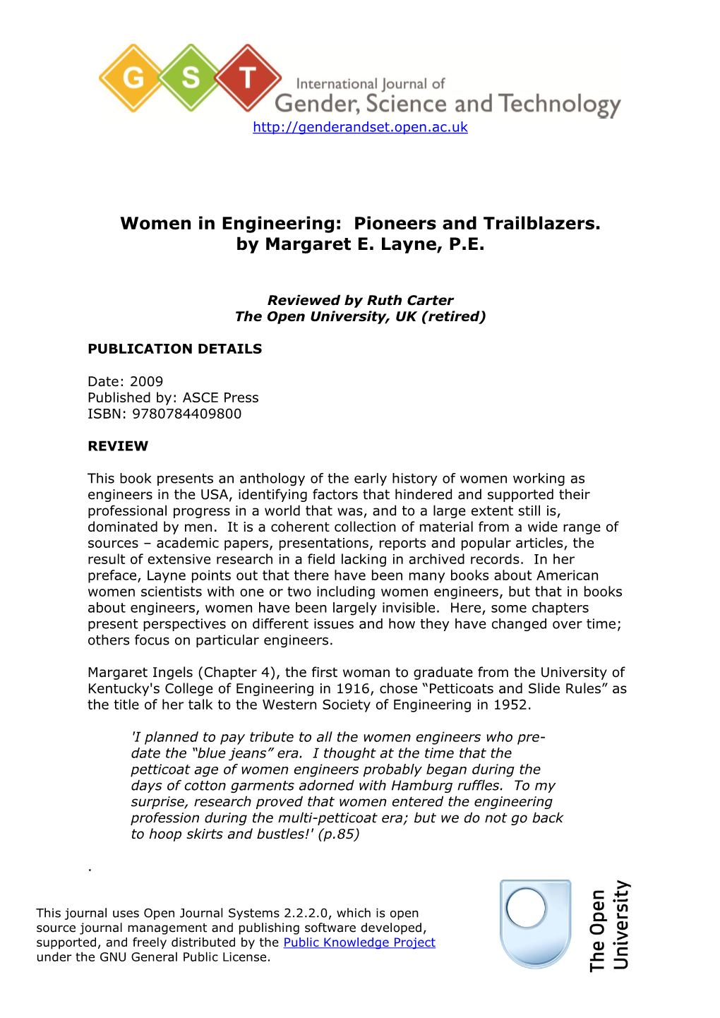 Women in Engineering: Pioneers and Trailblazers. by Margaret E. Layne, P.E