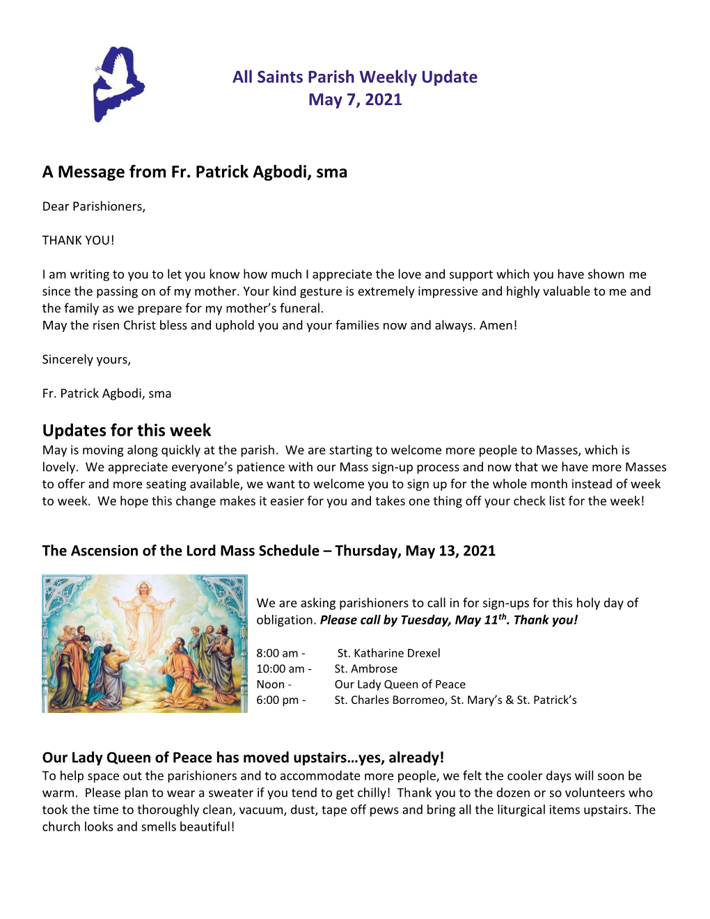 All Saints Parish Weekly Update May 7, 2021 a Message from Fr. Patrick