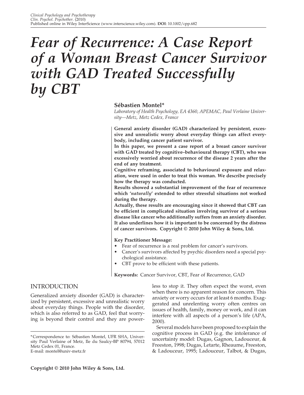 A Case Report of a Woman Breast Cancer Survivor