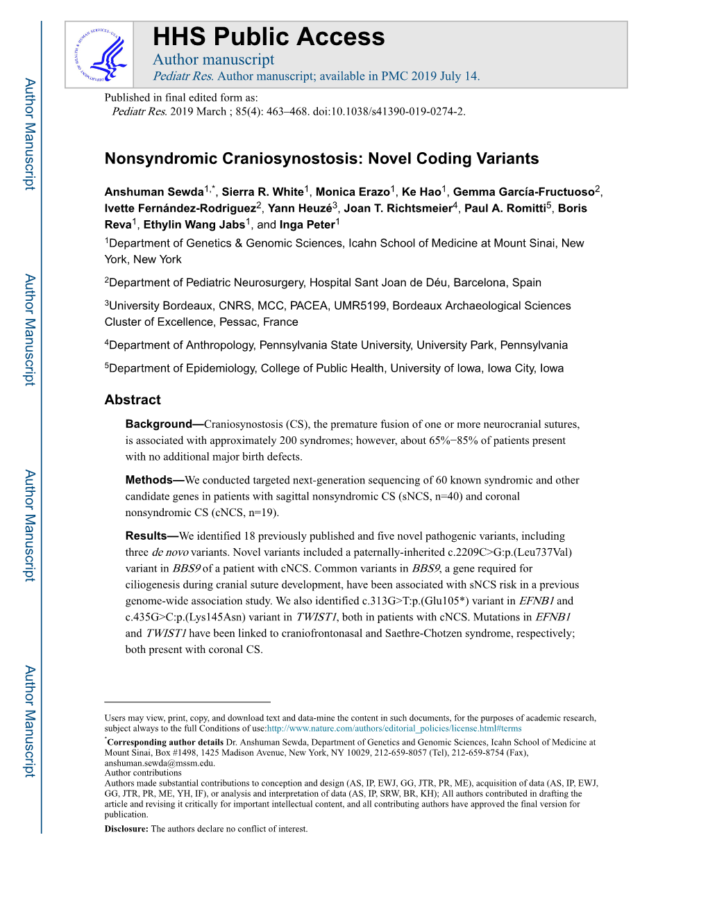 Nonsyndromic Craniosynostosis: Novel Coding Variants