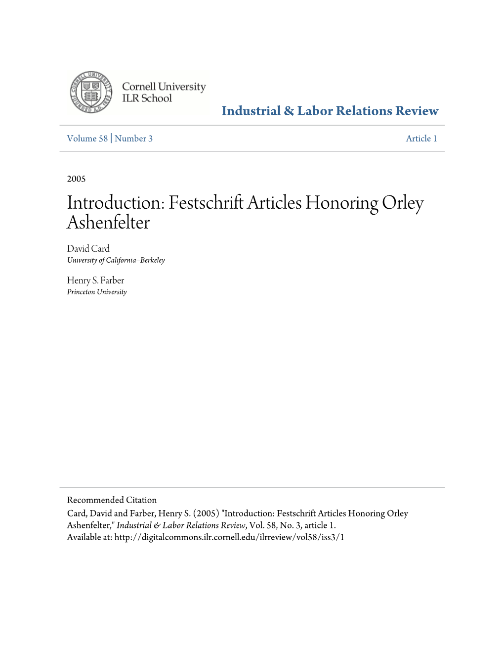 Festschrift Articles Honoring Orley Ashenfelter David Card University of California–Berkeley