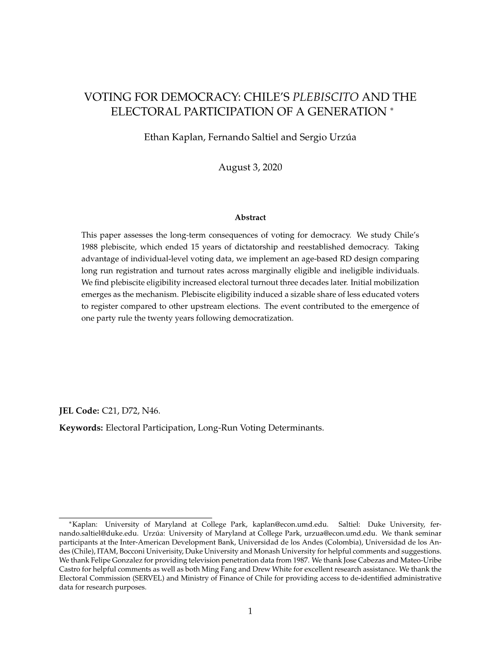 Voting for Democracy: Chile's Plebiscito and the Electoral Participation of A