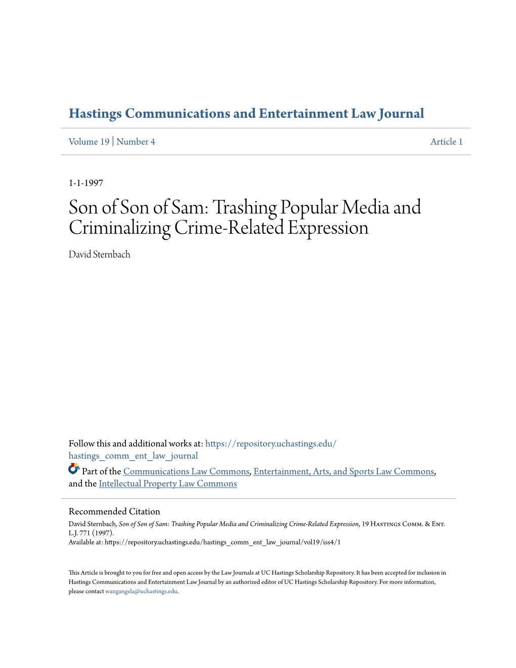 Son of Son of Sam: Trashing Popular Media and Criminalizing Crime-Related Expression David Sternbach