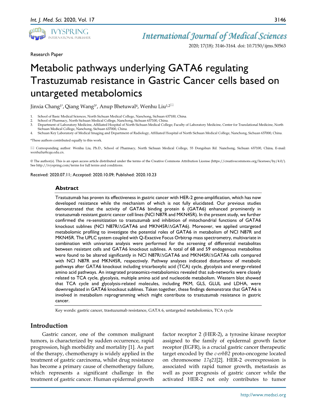 Metabolic Pathways Underlying GATA6 Regulating Trastuzumab